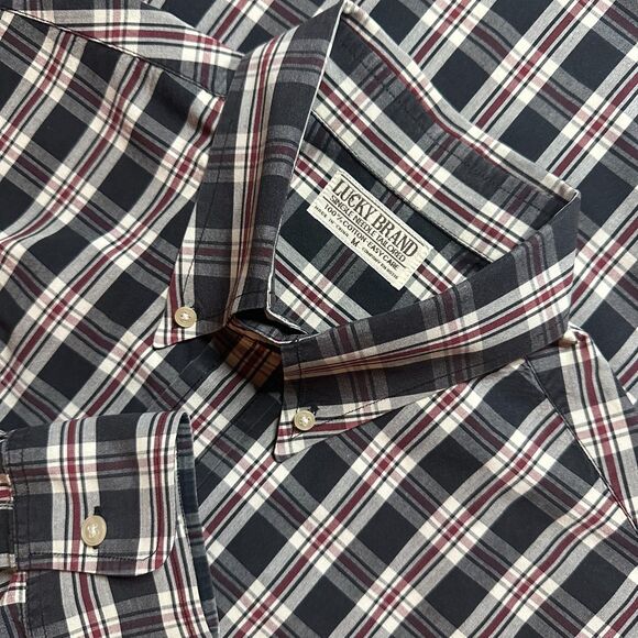 Vintage Lucky Brand Single Stitch Tailored LS BD in Red Navy Plaid TALL Medium - Picture 2 of 6